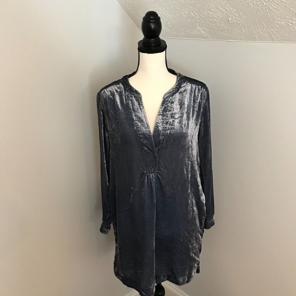 Anthropologie Melody Velvet Tunic Dress XS Slate Blue V-Neck Long Sleeve Pockets - Picture 2 of 12